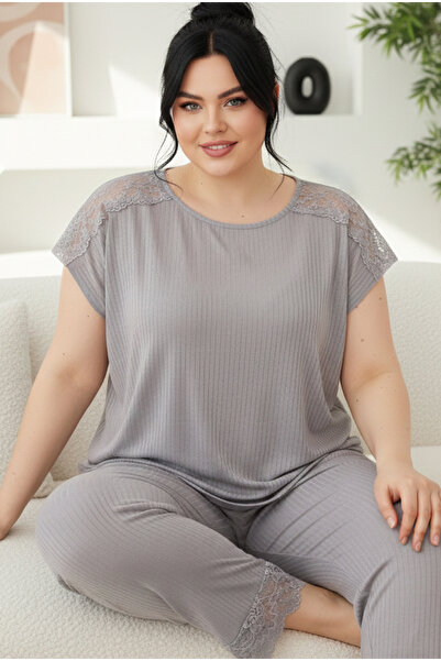 Siyah İnci gri Soft Touch Thin Seasonal Oversize Costum de pijama tricotat cu...