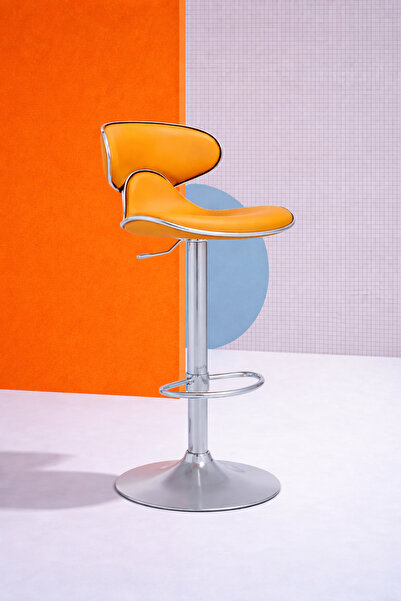 Bürocci Zen Bar Taburesi - Turuncu Modern Deri Metal Ayaklı Yüksek Tezgah San...