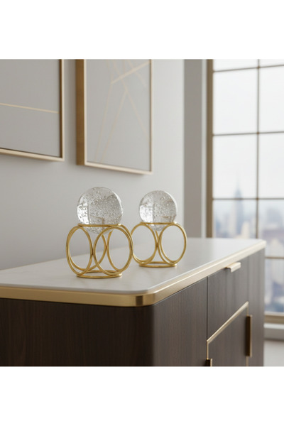 Gold Plated Metal 2-Piece Set Living Room Cube Model Crystal Bubble Glass Bulk Decoration Trinket Object Decor