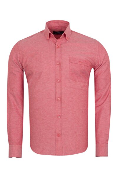 MAKROM Men's Red Button Collar Pocket Woven Long Sleeve Shirt