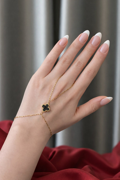 Tixy Pixy Altın   Siyah Yonca Şahmeran Bileklik, Paslanmaz Çelik Şahmeran Bil...