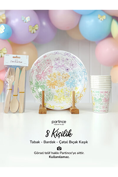 partince 8 Kişilik Fiyonk Tema Kullan At Karton Tabak Bardak Çatal Kaşık Bıça...