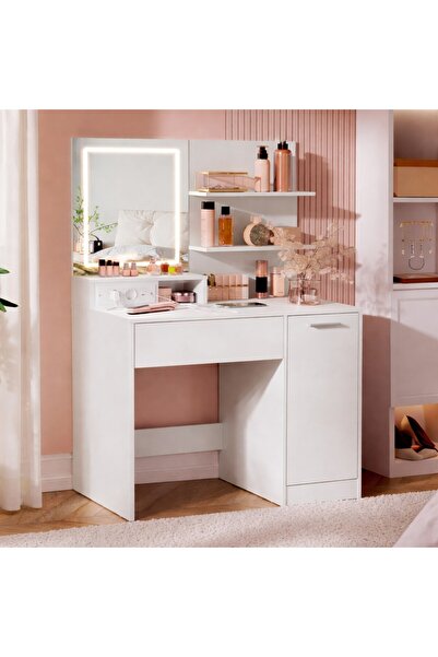 VASAGLE Masă de toaletă Kailyn cu oglindă LED și priză integrată, sertar, 80x...