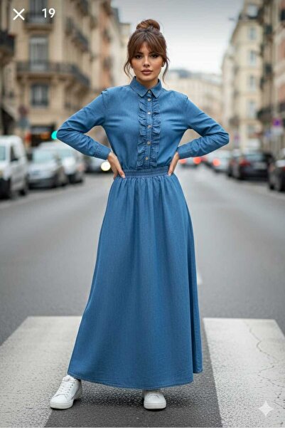 newmisal Women's Ruffled Front Shirt Skirt Denim Suit