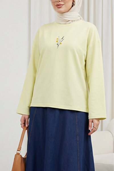 Modamorfo Floral Embroidery Round Neck Casual Combed Cotton Blouse - Light Ye...