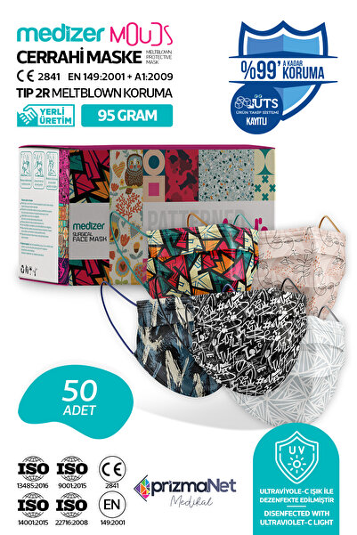 Medizer Meltblown Mouds 4 Serisi 5 Farklı Desenli Cerrahi Maske - 50 Adet - D...