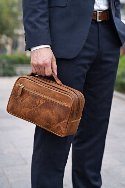 Fil Deri حقيبة يد رجالية كبيرة من الجلد الطبيعي بسحاب لون بني 2104