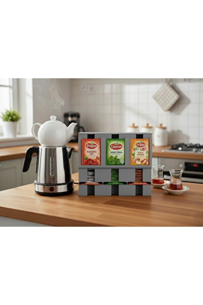 comes LİKA Serisi Gri Bölmeli Alttan Çekmeli Poşet Çay Düzenleyici 21x9x17 cm