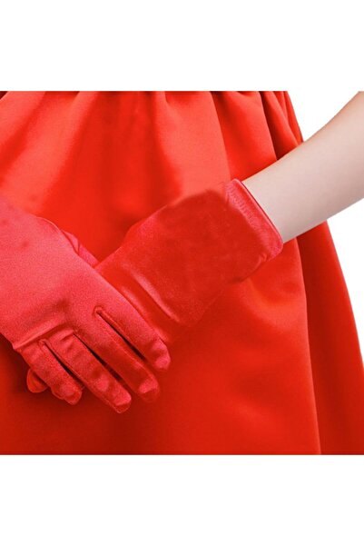 Pandoli Partidolu Saten Çocuk Eldiveni Kırmızı Renk 3-6 Yaş Arası