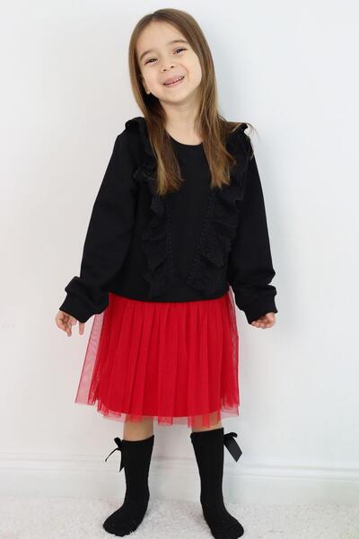 Breeze Kız Çocuk Uzun Kollu Elbise Nakış Güpürlü Tüllü 3-8 Yaş, Siyah