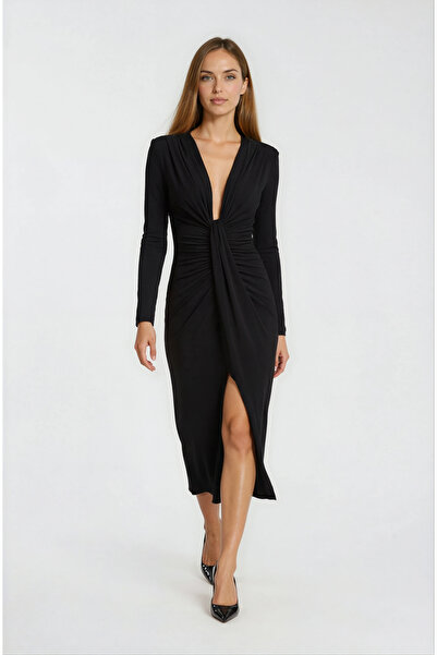 Spazio Perkins Omuz Pileli Önü Derin V Uzun Abiye Elbise SİYAH