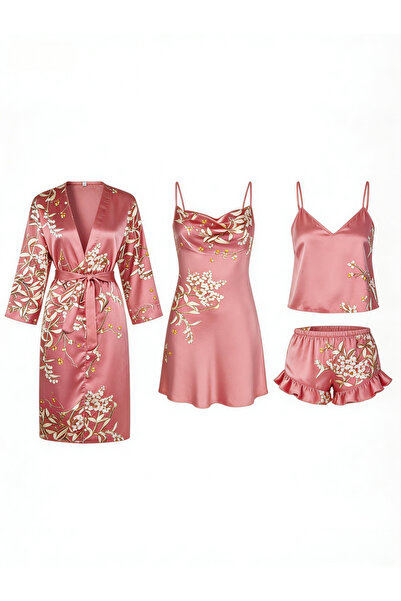 Generic Luxury Silk Blend Pyjamas 4-Piece Set with Robe, Nightdress, Top, Sho...