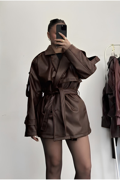 gm giyimarket Νέα Σεζόν Γυναικεία Δερμάτινη Καμπαρντίνα με Ζώνη