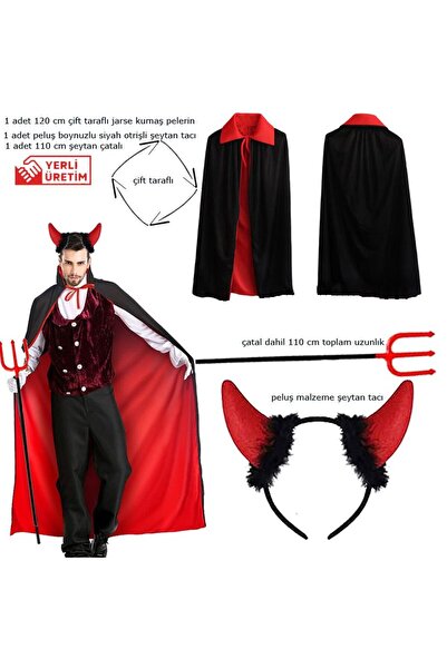 partidolu Kırmızı Siyah Renk 120 cm Çift Taraflı Şeytan Pelerini Tacı ve Çata...