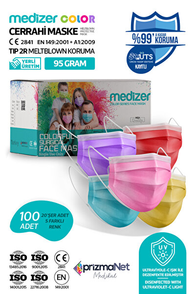 Sabomar Medizer Color Serisi 10 Renkli Cerrahi Maske 100 Adet - Telli