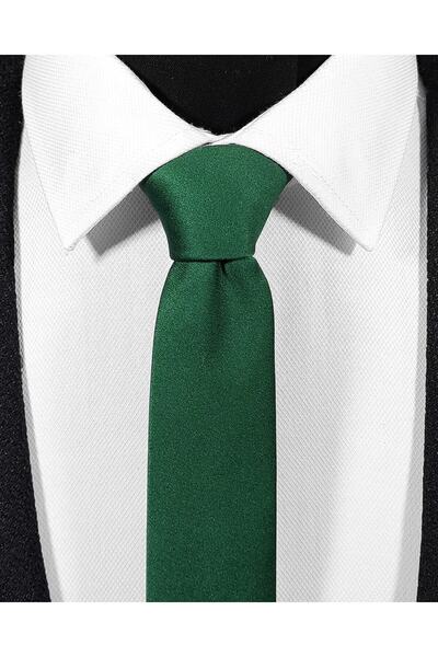 BLC Basic Line Co. Ekstra Ince Yeşil Renk Düz Slim Fit 4 Cm Genişliğinde Kravat Mendil Seti Slim Fit Dar
