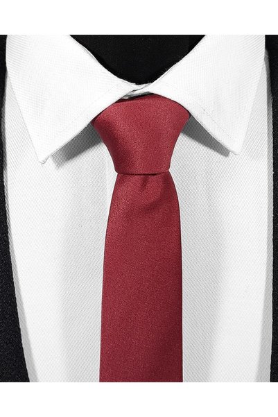 BLC Basic Line Co. Ekstra Ince Bordo Renk Düz Slim Fit 4 Cm Genişliğinde Kravat Mendil Seti Slim Fit Dar