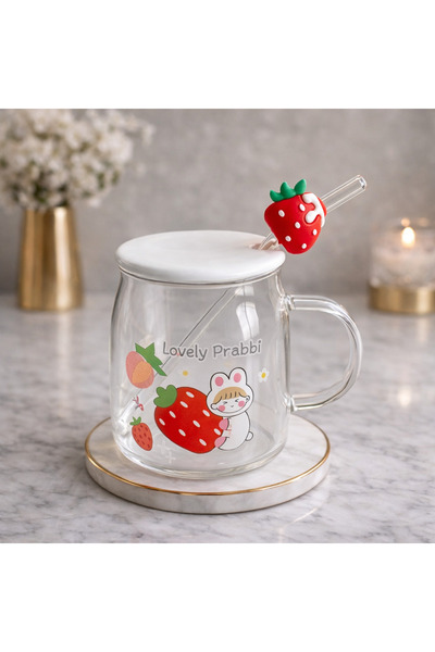 Two Two كوب زجاجي بغطاء من البورسلين على شكل فراولة مع مصاصة زجاجية - أفكار ه...