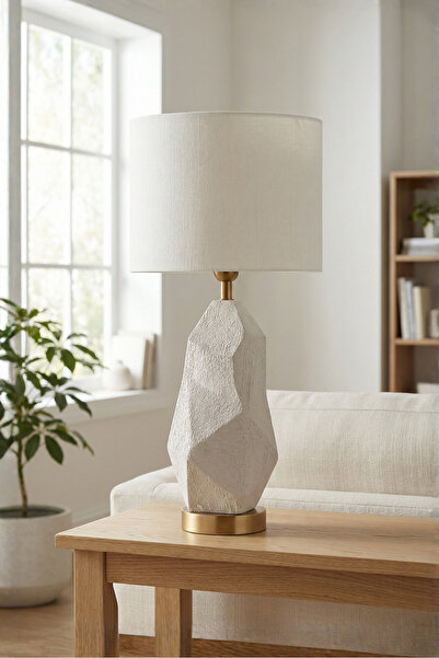 Bahar Aydınlatma Elyon Taş Dokulu Krem Gövde Beyaz Başlık Dekoratif Abajur