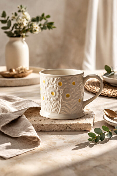 Anadolu Saray كوب سيراميك مصنوع يدويًا بتصميم زهرة الأقحوان مع نقش بارز، قطعة...