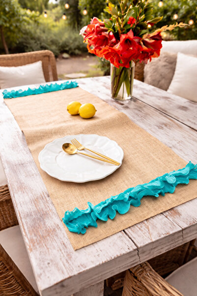 Arma House Mavi Fırfırlı El Yapımı Jüt Runner 40 X 140