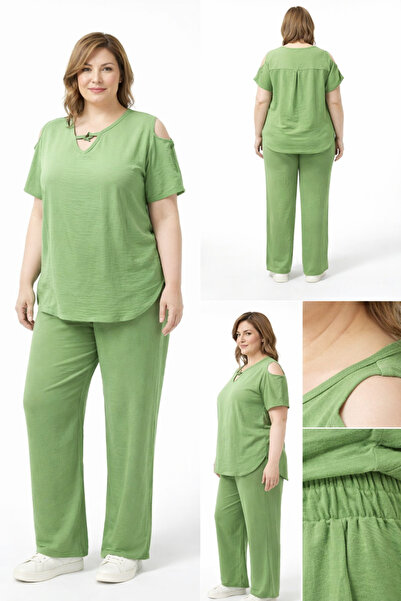 BİrHoşButik BÜYÜK BEDEN AEROBİN KUMAŞ OMUZU AÇIK YAKASI BAĞCIKLI KISA KOL BEL...