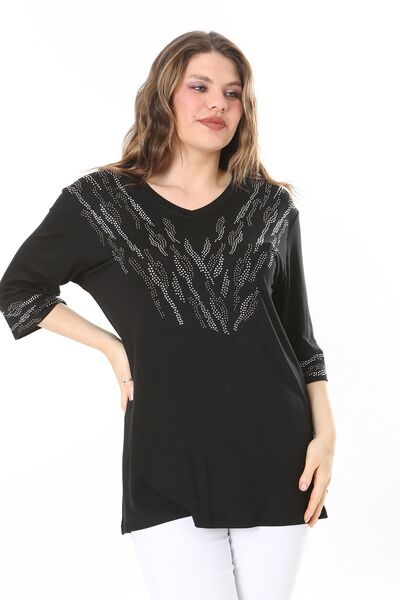 Şans Kadın Büyük Beden Siyah Taş Detaylı Bluz     65N37976