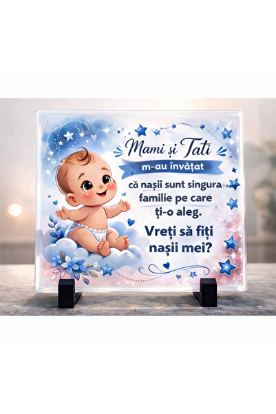 CrisPrint Ramă foto din sticlă 20x20 cm – Cerere personalizată pentru nași Boy