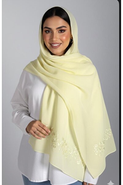 Veil Designer Lemon-colored hijab, Japanese fabric with embroidery on both en...