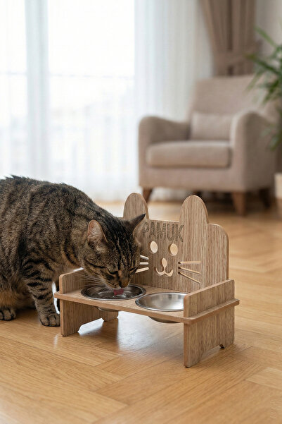 GOBYPET Ahşap Özel Isim Baskılı, Kulaklı Kedi Mama Su Kabı Standı