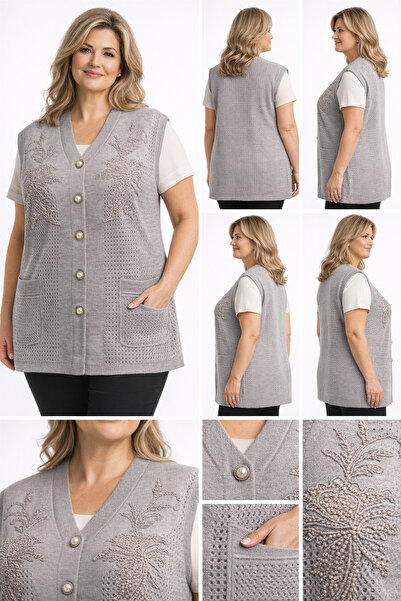 BİrHoşButik Plus Size Full Lycra Trendy Seasonal V-Neck Buttoned Stone-Embell...