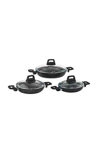 LAVONNI Stone 6 Parça Granit Cam Kapaklı Sahan Omlet Seti 18/20/22 Cm Yapışmaz