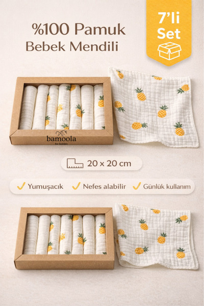 Bamoola %100 Pamuk 7’li Ananas Desenli Bebek Ağız Mendili Seti