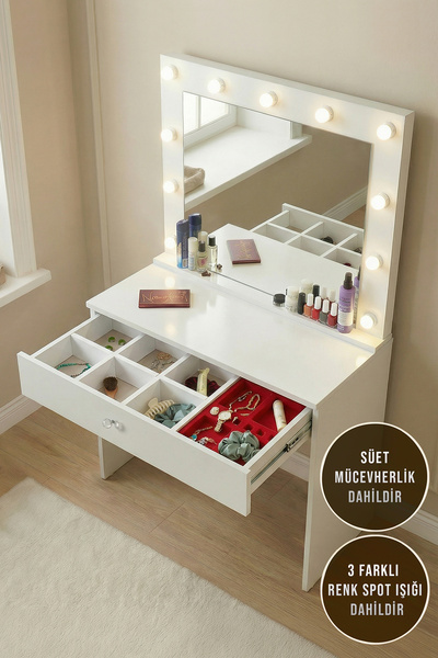 Eymense Üç Renk LED Işıklı Aynalı Takı Düzenleyicili Kulis Makyaj Masası