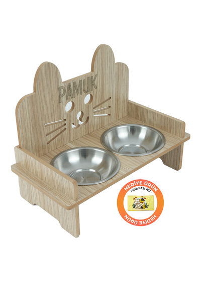 GOBYPET Ahşap Özel Isim Baskılı, Kulaklı Kedi Mama Su Kabı Standı