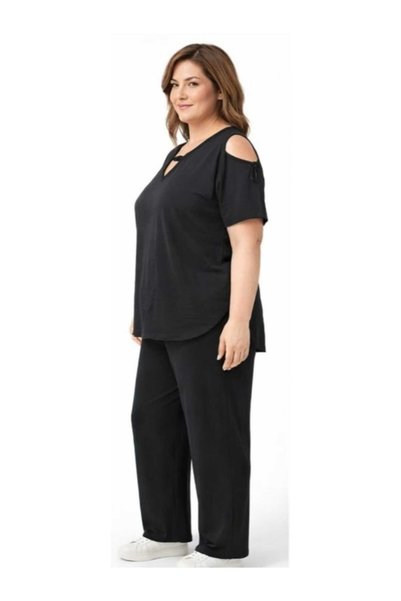 BİrHoşButik LARGE SIZE AEROBIN FABRIC SHOULDER OPEN COLLAR LACE-UP SHORT SLEEVE WAIST RUBBER WIDE MOLD TREND SET
