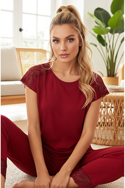 Siyah İnci bordo Soft Touch İnce Mevsimlik Dantel Detaylı Örme Pijama Takım7864