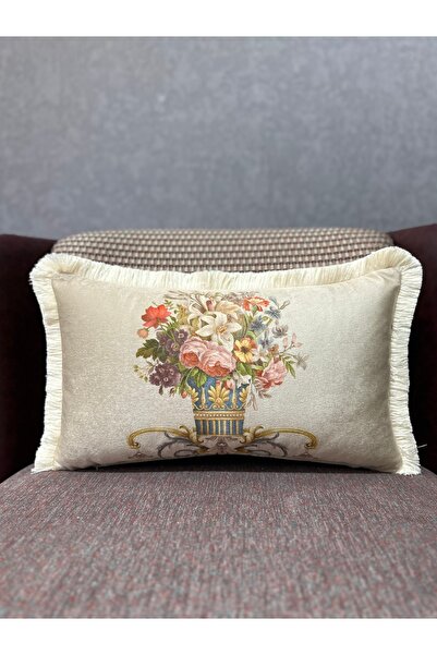 Fabricland İthal İpek Kadife Krem Zemin Dikdörtgen Klasik Çiçekli PÜSKÜLLÜ KI...