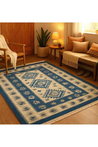 OEM Covor tradițional, dimensiune 140 x 210 cm, albastru și crem,