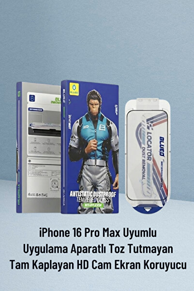 BLUEO B iPhone 16 Pro Max Full Cover HD Glass Anti-Static Uygulama Aparatlı C...