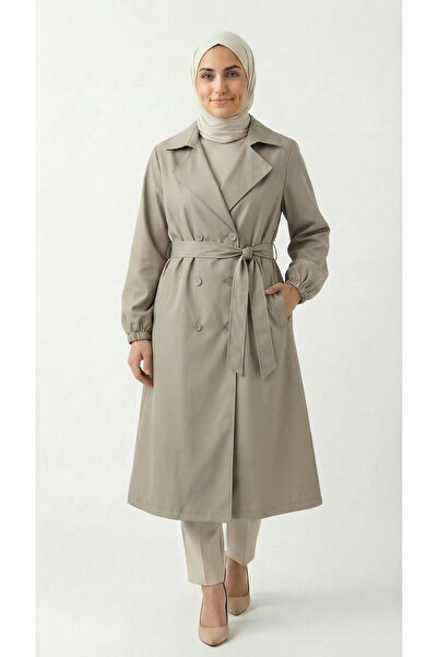 MİHRA STORE Doredra Kol Lastikli Düğmeli Uzun Trençkot-EK174 Taş