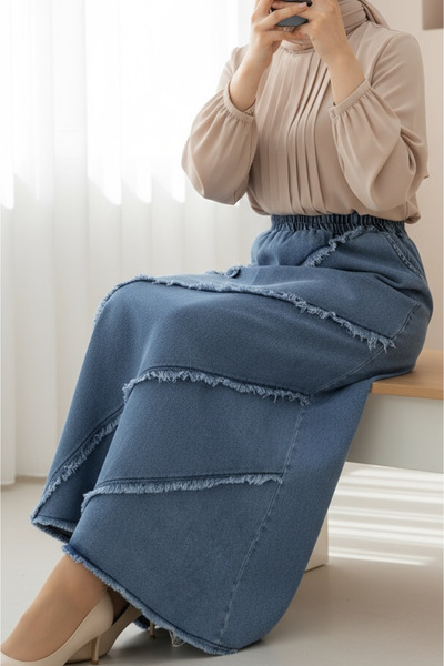 HİJABAYA Püskül Detaylı Beli Lastikli Kot Etek