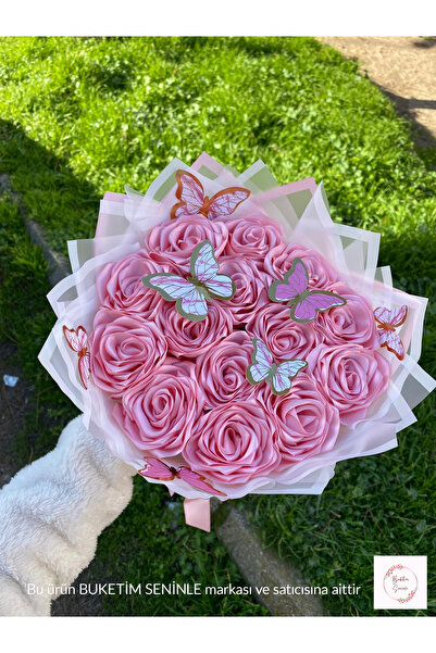 Buketim Seninle 14'lü Pembe Kelebekli Solmayan Saten Gül Buketi, Sevgiliye He...