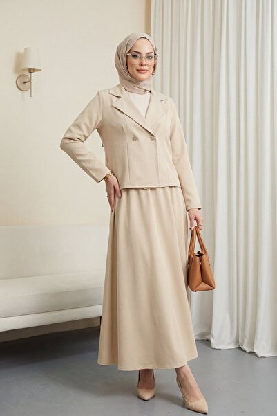 Modamorfo Double Buttoned Double Breasted Collar Jacket Skirt Double Crepe Su...