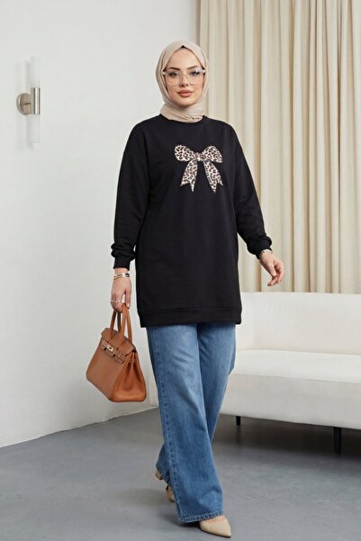 Modamorfo Χαλαρό τουνίκ με στρογγυλή λαιμόκοψη και στάμπα φιόγκου - μαύρο