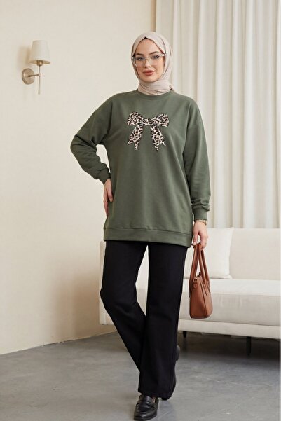 Modamorfo Χαλαρό τουνίκ με στρογγυλή λαιμόκοψη και στάμπα φιόγκου -χακί