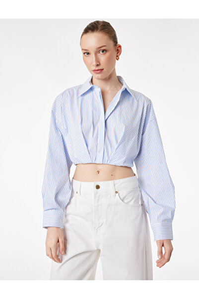 Koton Loose Fit Long Sleeve Classic Collar Striped Crop Poplin Shirt