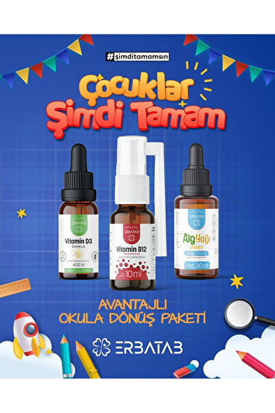 Erbatab Okula Dönüş Paketi ( Vitamin D3 Kids, Vitamin B12 Sprey, Alg Yağı Ome...