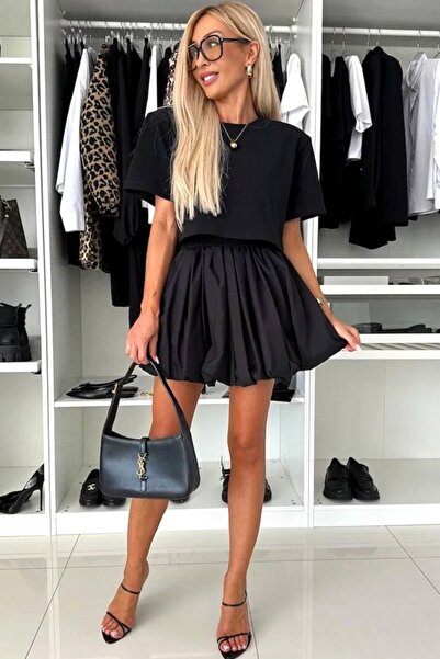 FashionForYou Мини пола, BUBBLE, с обем и плисета, Черна, Размер S/M