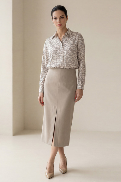 Setre Beige Front Slit Detailed Full-Fit Midi Skirt